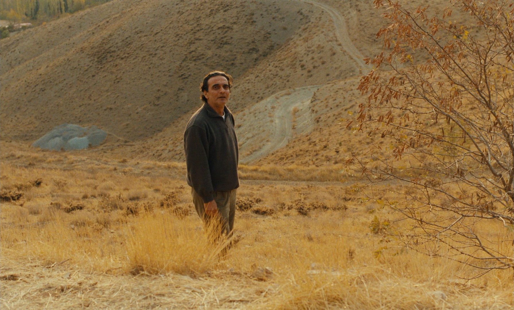 still from Taste of Cherry (1997) by Abbas Kiarostami — a man on a dry hillside, deep focus holding character and landscape together